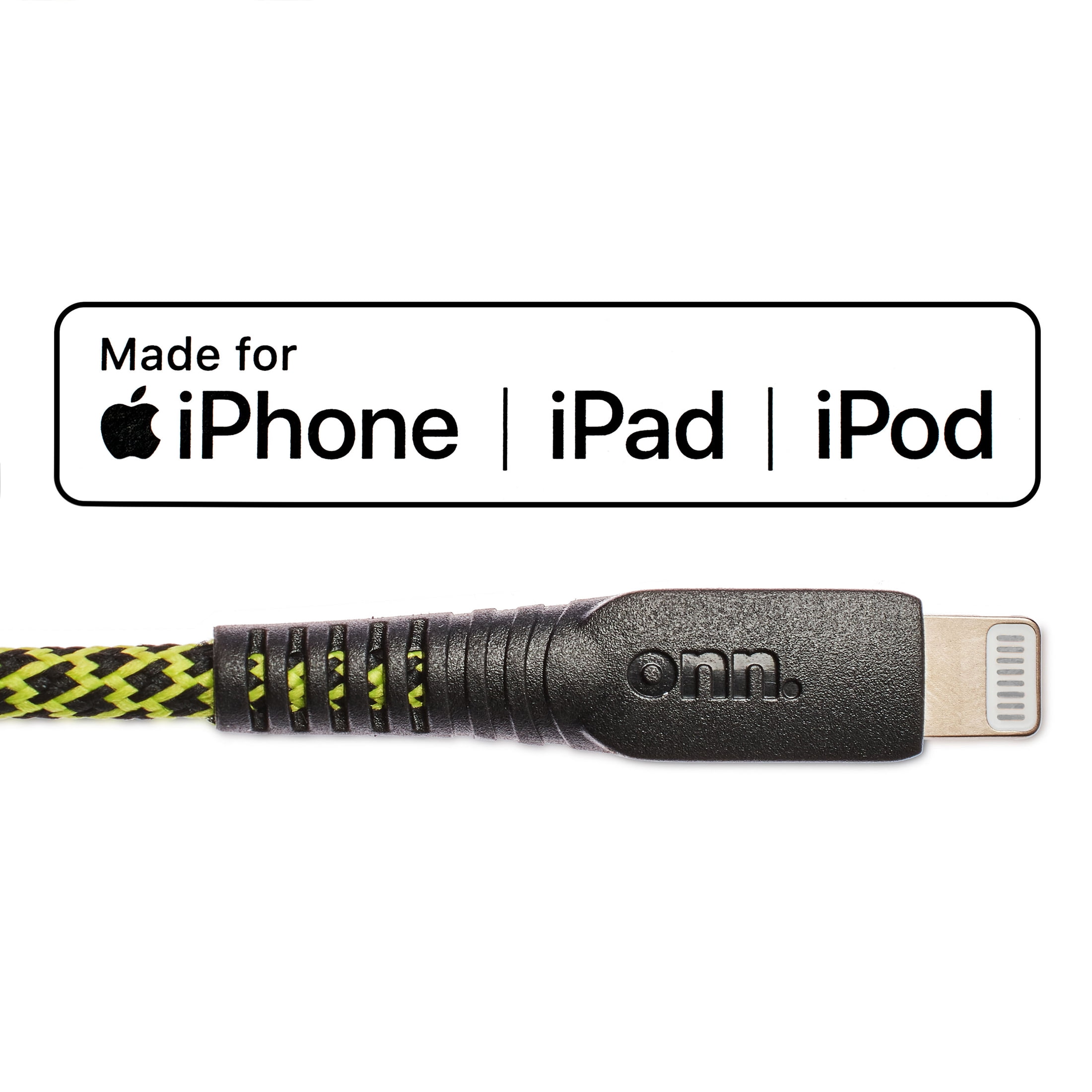 onn 6ft Lightning to USB Braided Charging Cable with Cable Management, MFI Certified, Black and Yellow - Compatible with iPhone 14/13/12/11/X/XR/XS/8/7/6/5, iPad, Airpods and more