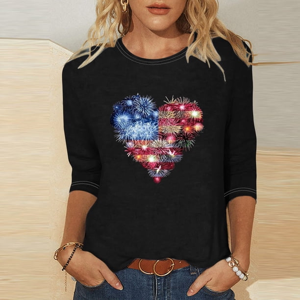 Fiudx Ofertas Flash Del Día Solo En Línea Blusa Holgada con Estampado Del Día de La Independencia, Manga Tres Cuartos, Cuello Redondo, Informal, para Mujer