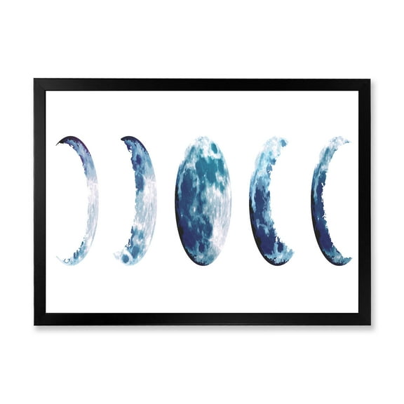 Designart 'Magic Blue Moon Phases On White' Bohemian & Eclectic Framed Art Print