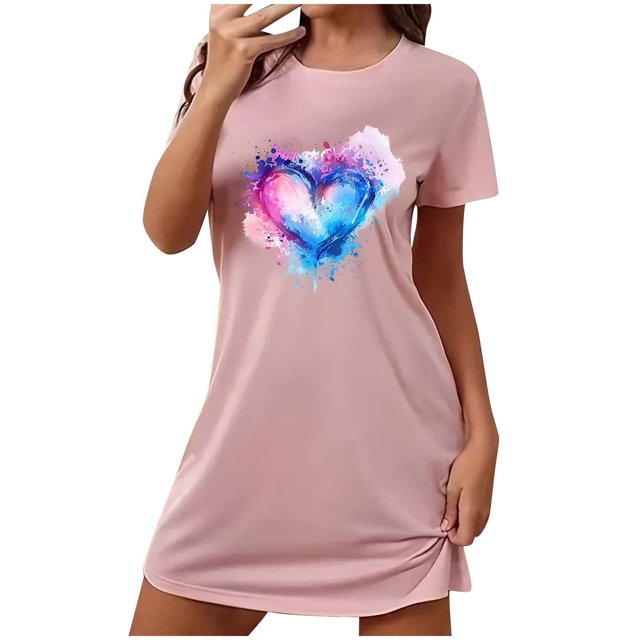 Chemises de Nuit pour Femmes Douces, Chemises à Manches Courtes pour Femmes, Chemise de Nuit Courte Surdimensionnée pour Femmes Mode avec Imprimé sur la Poitrine à Manches Courtes, Chemises de Nuit pour Femmes Douces, Chemises à Manches Courtes pour Femmes