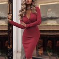 thumbnail image 2 of Women'sSolidSlimLongSleeveDeepVNeckPleatedLongBagHipHedgingDress, 2 of 5
