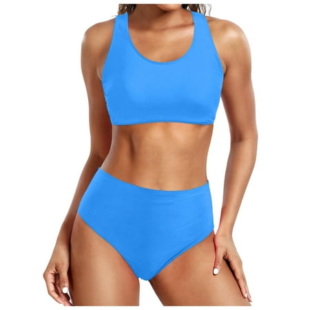 Womens Swimsuits Solid Color Strappy Round Neck Push Up Bra And Panty Set Vintage Tow Piece Tankini Swimsuits For Women Swimwears Bathing Suits Sky Blue XXL