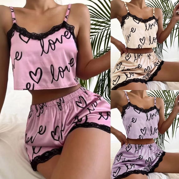 SAZBJOJN Satin Pajamas for Women 2 Piece Love Printed Lace Trim Tank Top and Shorts Loungewear Soft Lightweight Silk Pajamas for Women Set Summer Sleepwear Purple Size M