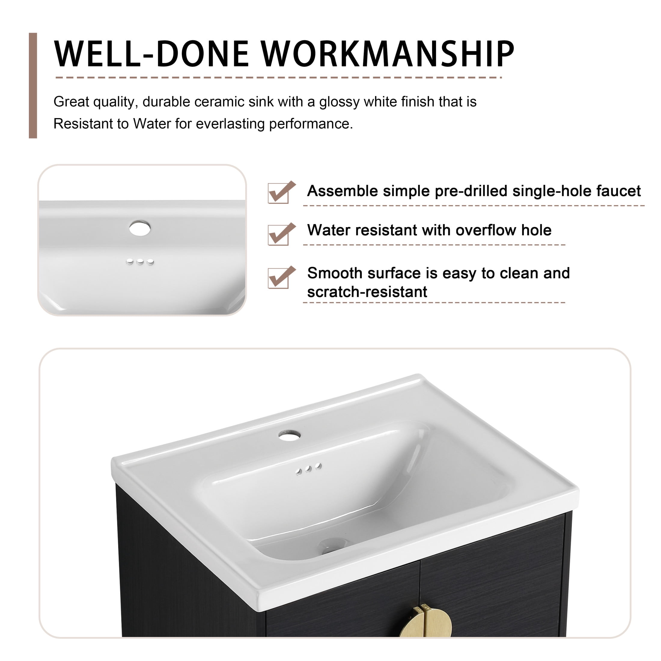 Noble House 24" Wall-Mounted Bathroom Vanity, Soft-Close Doors, Ceramic Sink, Metal Handles, Eco Plywood, Black