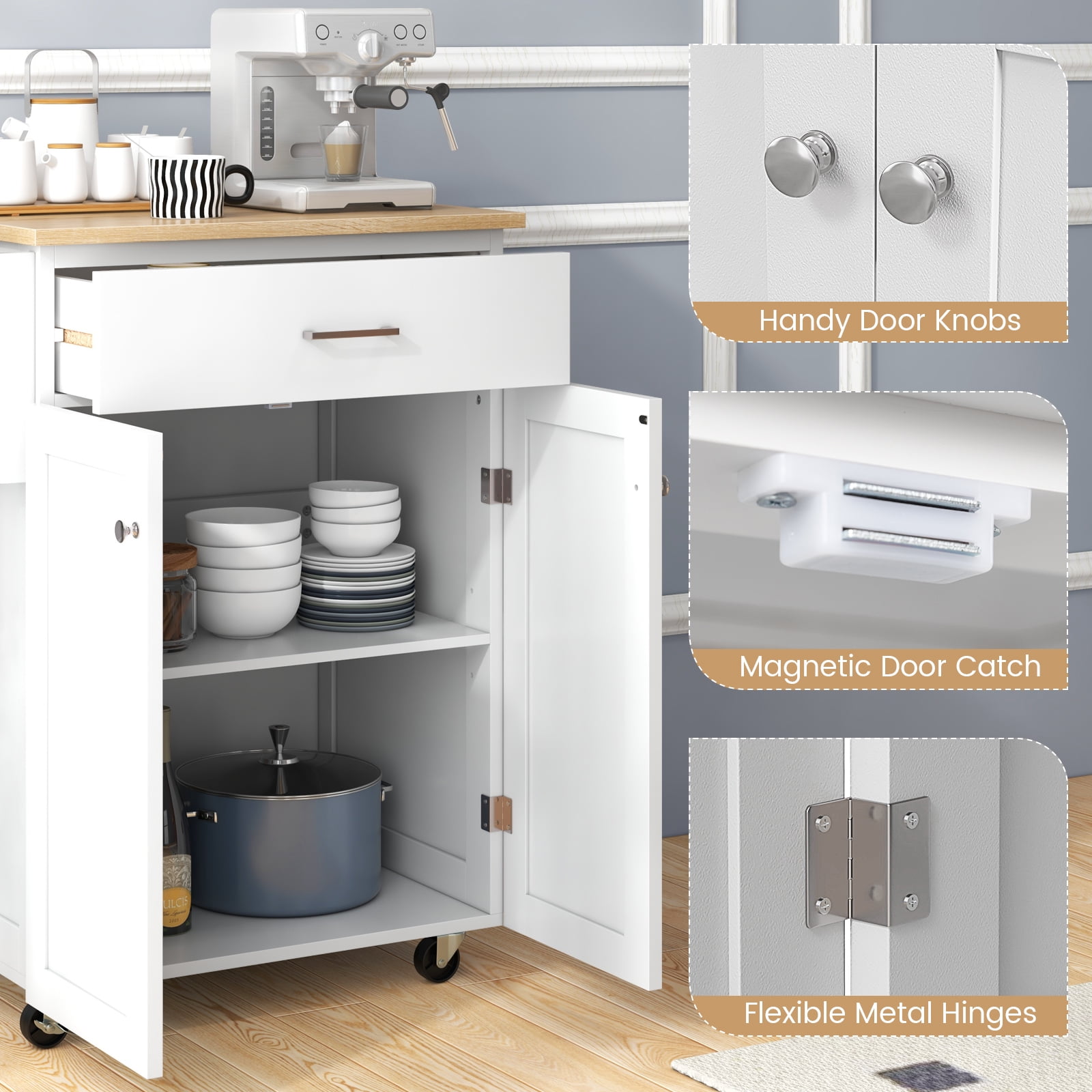 Giantex Kitchen Island w/Storage Cabinets, Trolley Cart w/Adjustable Height Shelves & Wheels, Spice Rack, Towel Rack, White