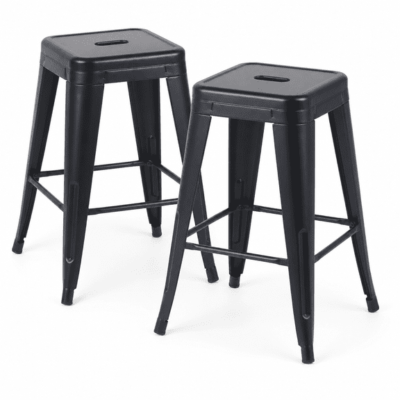 24 Inch Backless Metal Counter Stool Set of 2, Matte Black, Stackable with Carry Hole and Footrest