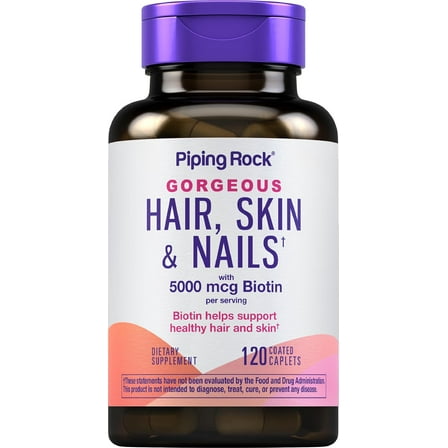 Hair Skin and Nails Vitamins | 120 Coated Caplets | With Biotin and Collagen | by Piping Rock