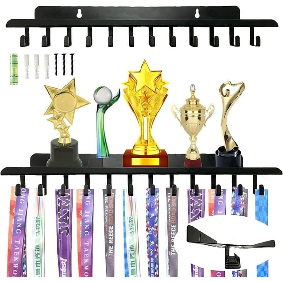 Medal Hanger Display Trophy Shelf with 12 Hooks for Wall, Trophy and Medal Display Shelf