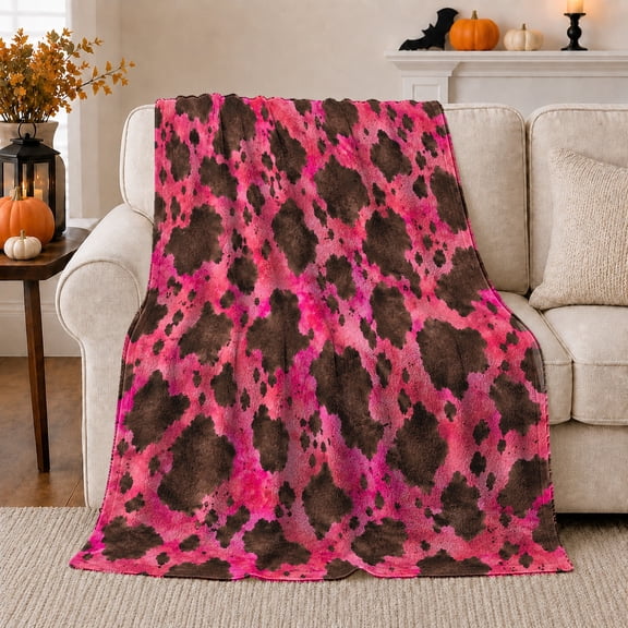 Dark Brown Hide Spots Across Vivid Pink, Cozy Flannel Blanket with Textured Animal Print Print, Housewarming Gift for Bold Animal Print Enthusiasts, Home Decor for Bedroom and Living Room