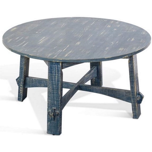 Rena Rustic Coffee Table- 36 Inch Round Top Distressed Ocean Blue Wood
