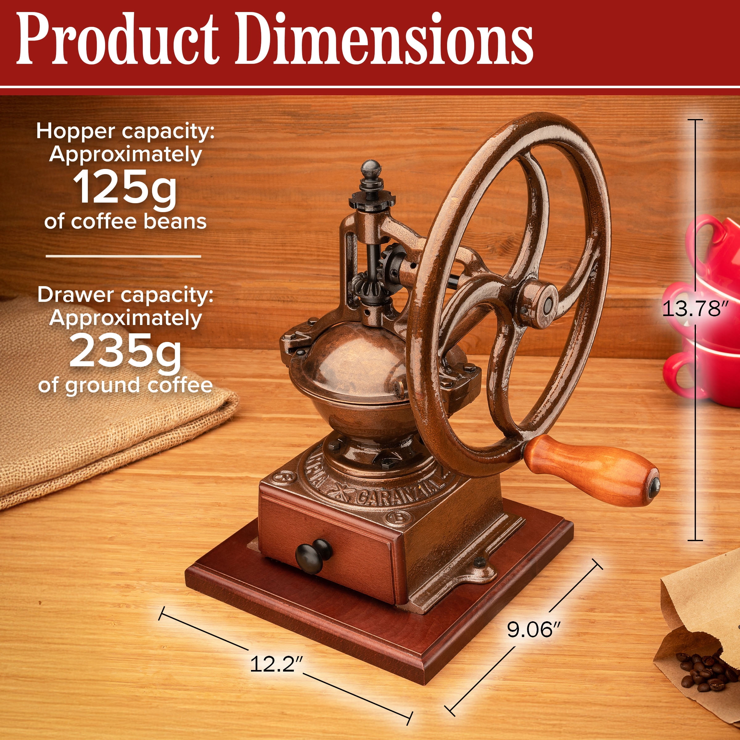 Classic Cuisine Manual Coffee Grinder - Cast Iron Conical Burr Coffee Bean Grinder (Copper)