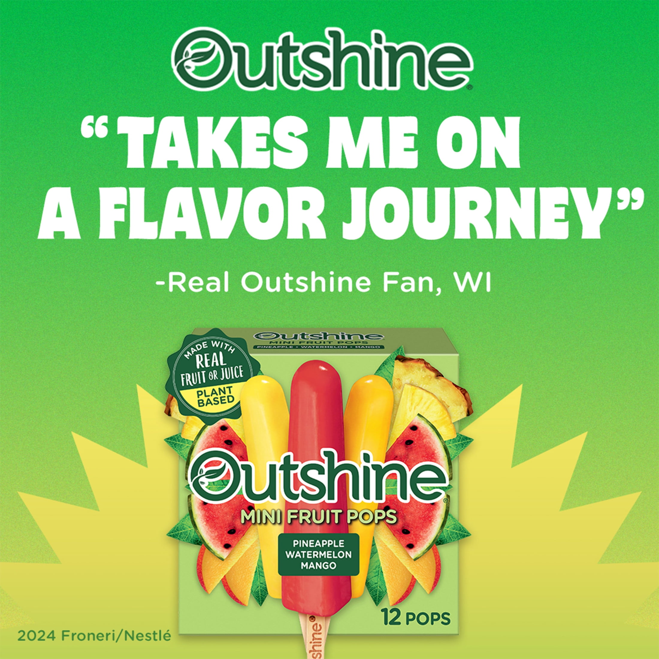 Outshine Pineapple, Watermelon, and Mango Mini Fruit Pops, Variety Pack, 12 Count