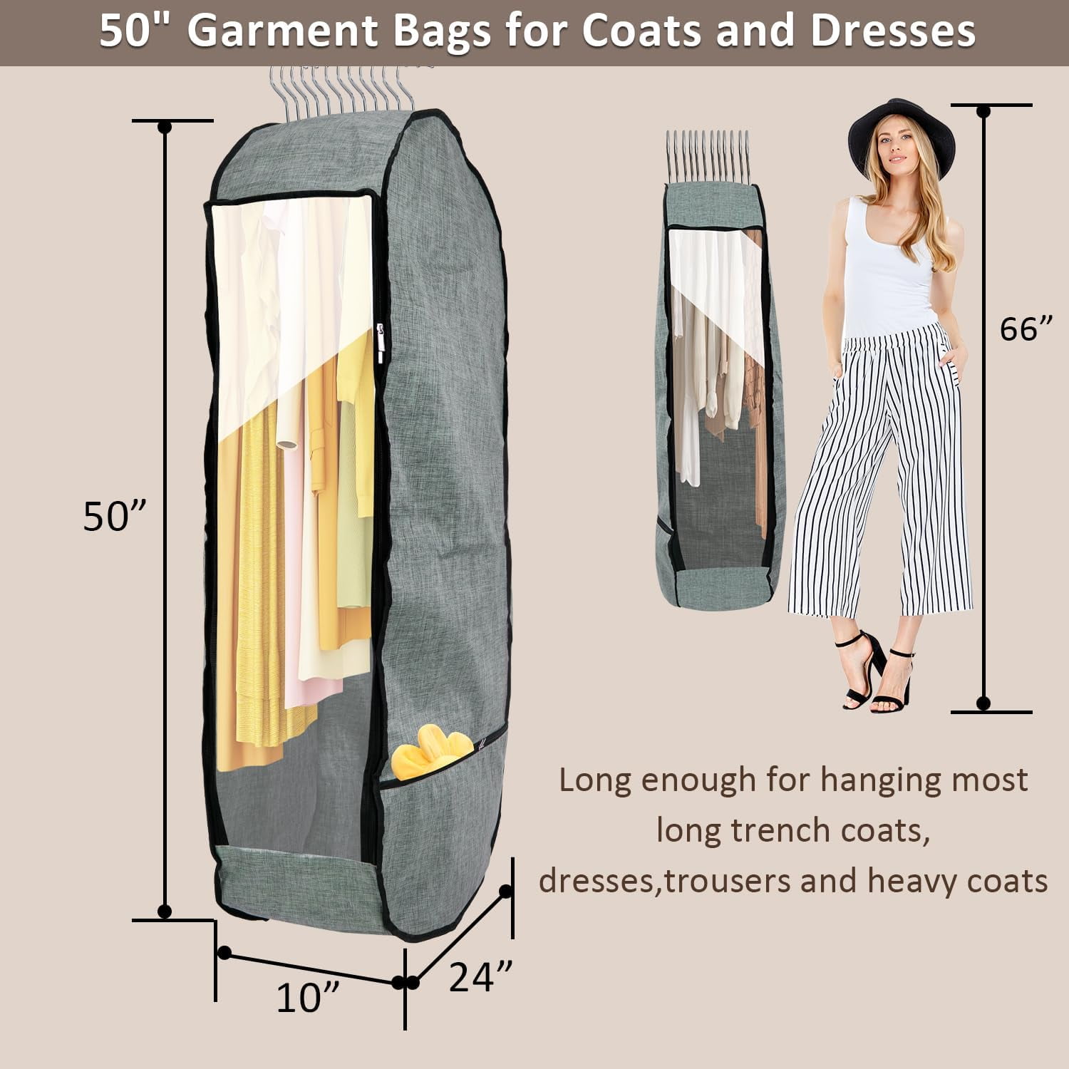 4PCS Garment Bags for Hanging Clothes, Large Breathable Garment Bag for Closet Storage with 10”Gusseted,Clear Clothing Storage Garment Cover for Dress Sweater with Double Zipper,Grey