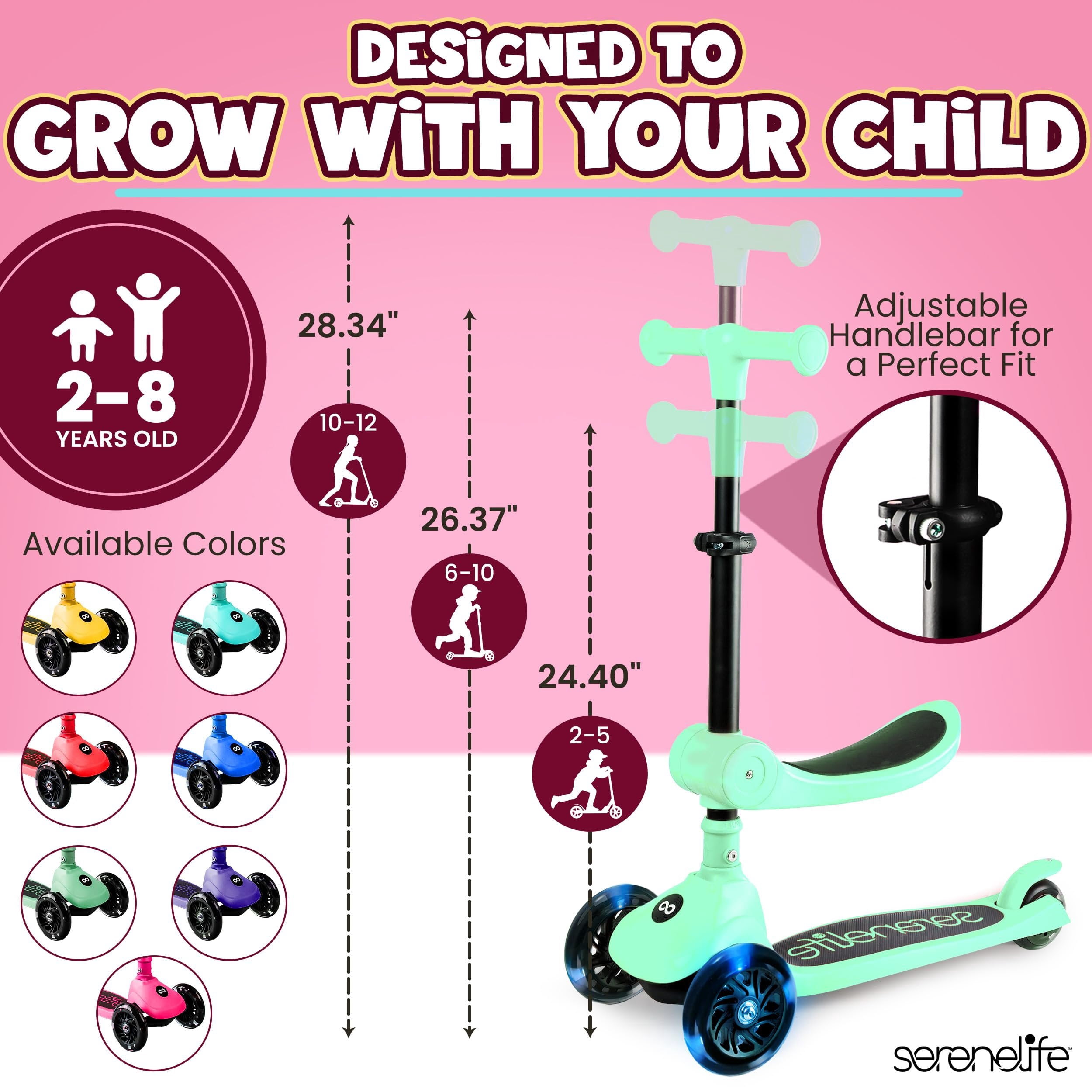 SereneLife 3-Wheel Foldable Kids Scooter  LED Wheel Lights, Adjustable Handlebar, Rear Foot Brake, Lean-to-Steer, Anti-Slip Deck  Ideal for Toddlers & Kids 2+, up to 110 lbs