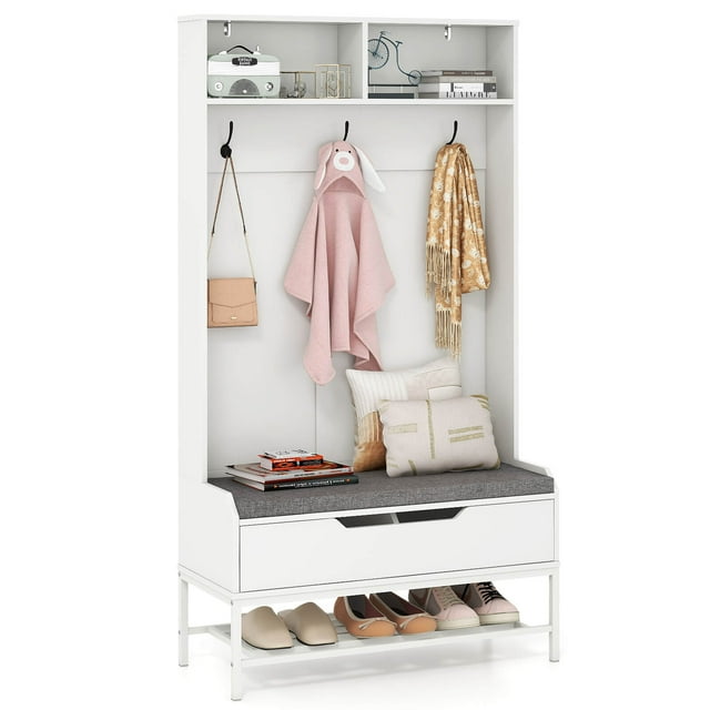 Costway Arbre d'Entrée de 69 Pouces de Hauteur avec Coussin de Siège, Compartiments Ouverts, Crochets, Rangement à Dessus Relevable, Blanc