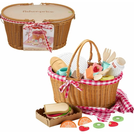 Fisher-Price Wooden Picnic Basket and Food Pretend Play Set for Preschool Kids, 31 Pieces