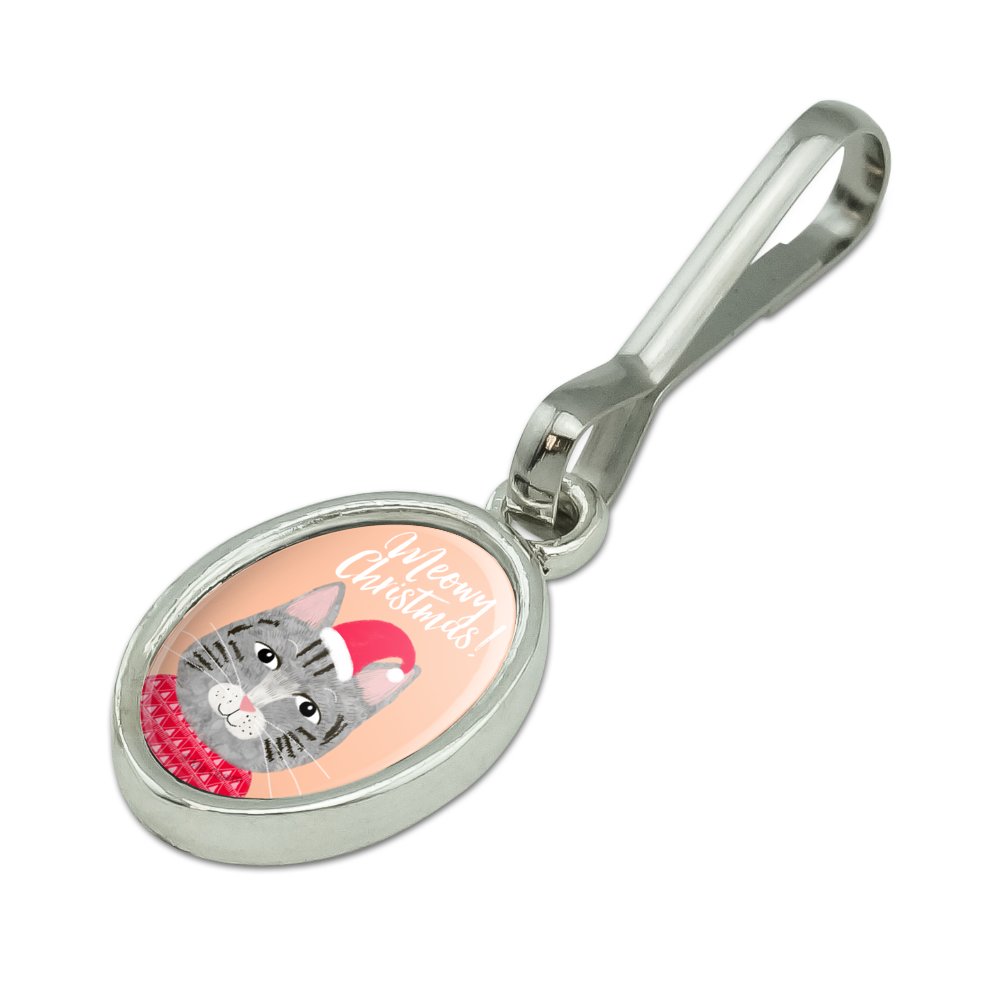Meowy Merry Christmas Cat in Sweater and Hat Antiqued Oval Charm Clothes Purse Suitcase Backpack Zipper Pull Aid - image 2 of 4