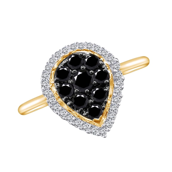 AFFY 3/4 Carat Round Black & White Natural Diamond Pear shape Cluster Ring In 10k Solid Yellow Gold