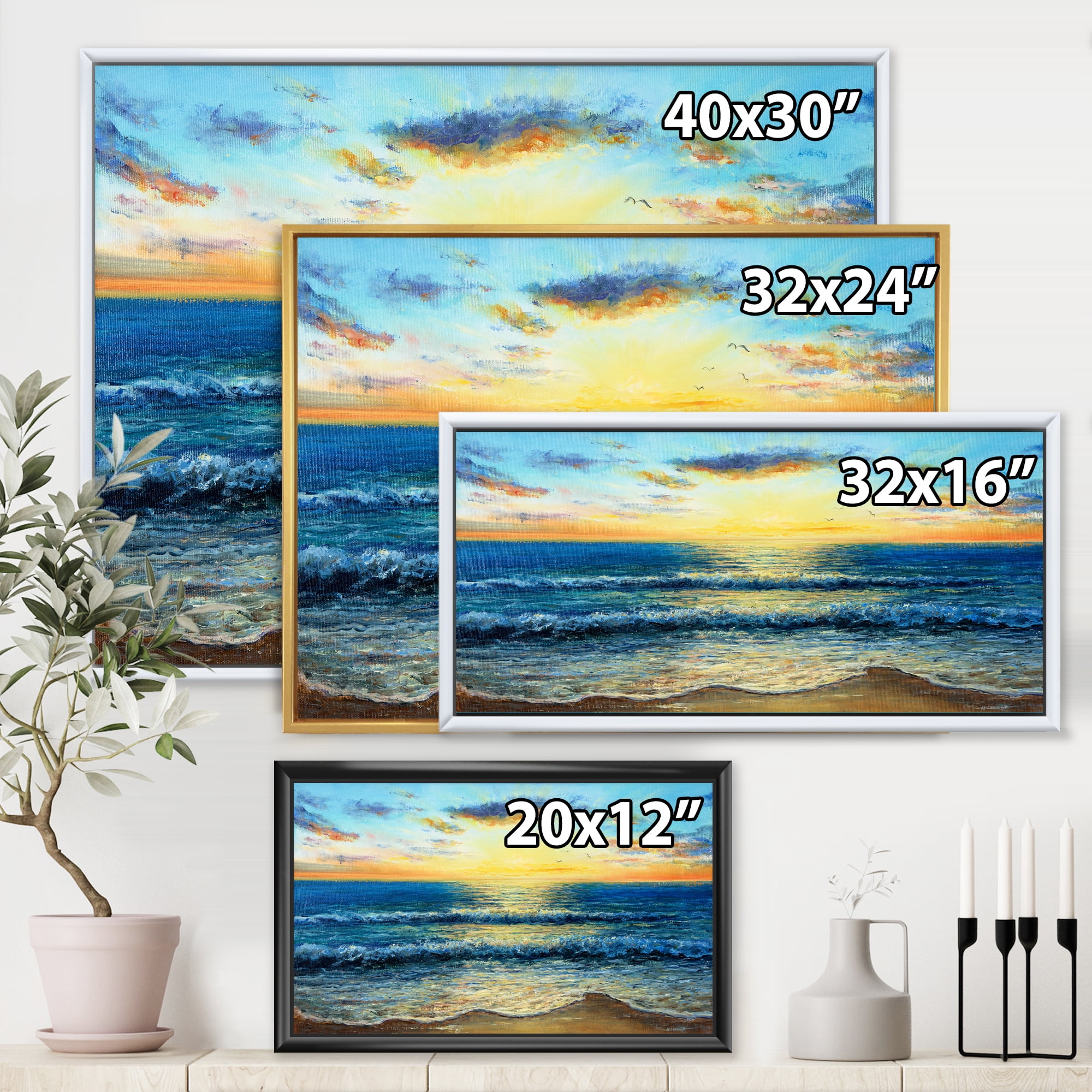 Sunrise Glow On The Ocean Waves I 40 in x 30 in Framed Painting Canvas Art Print, by Designart