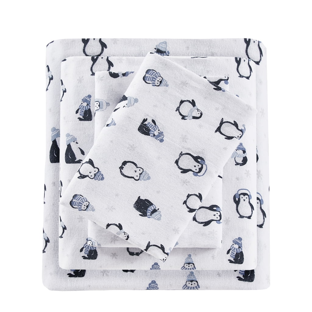 Intelligent Design Cozy Soft 3-Piece Twin XL Cotton Flannel Printed Sheet Set, Blue Penguins