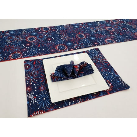 

Americana Placemat Table Runner Cloth Napkins Set by Penny s Needful Things (6 Napkins & 6 Placemats)3 Feet Long Table Runner) (Navy Blue)