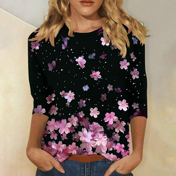 LYEAA Women 3/4 Sleeve Floral Tops Vintage Inspired Loose Fit Blouse Elastic Hem Round Neck Breathable Yoga Casual Wear Multicolor M