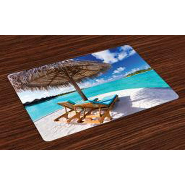 Beach Placemats Set of 4 Maldives Scenic Seaside View Sunbeds Under