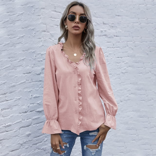 Blusa de mujer, camisa de manga larga con cuello en V Tops delgados casuales de otoño Irfora Rosa/Medio