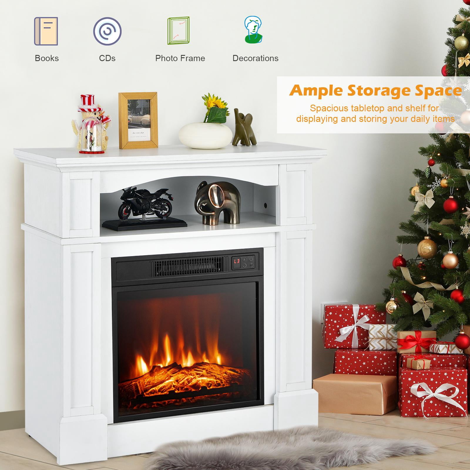 32" Electric Fireplace w/Mantel and Remote Control, Freestanding Heater w/3-Level Adjustable Flame Brightness & Overheat Protection, White