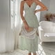 thumbnail image 4 of Vestido casual con cuello en V profundo para mujer, vestido largo con estampado floral sin espalda y abertura para fiesta en la playa, verde claro, XL, 4 of 6