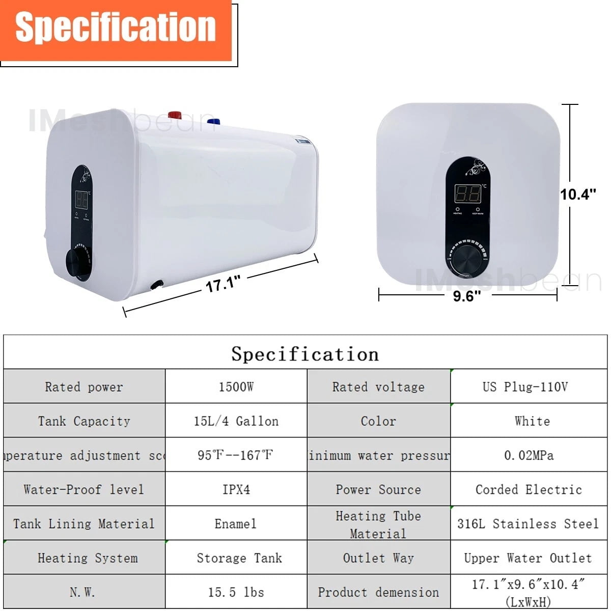 iMeshbean 15L/4 Gal Instant Electric Water Heater Shower 1500W 110V Compact Mini-Tank Storage