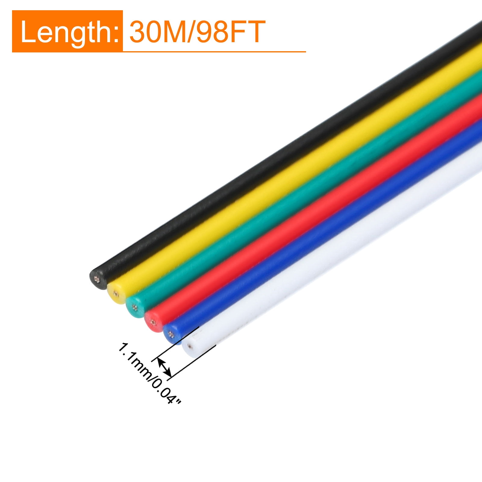 Uxcell 30 Gauge 6 Conductor Electrical Wire Tinned Copper Cable 98FT Stranded Wire for LED Strips Lamps Residential Wiring