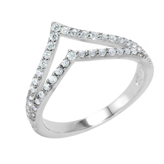 Clear Pave Set Cubic Zirconia Double Chevron Ring Rhodium Plated Sterling Silver Size 9