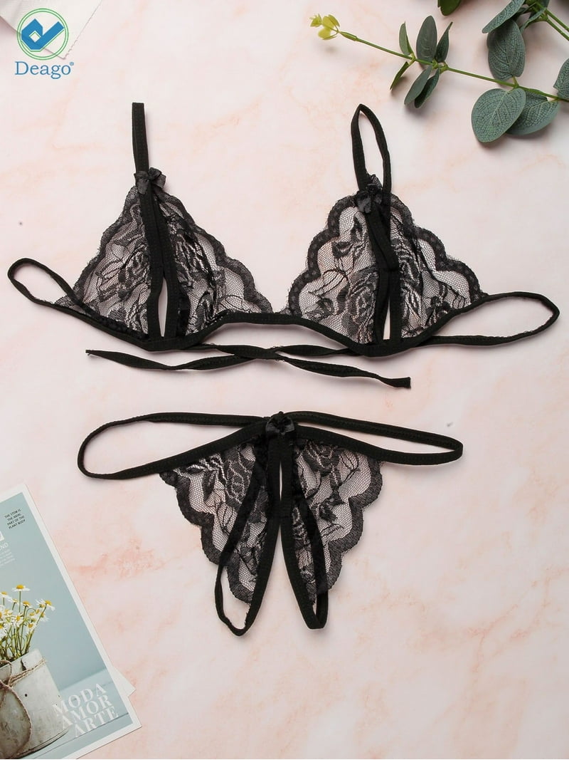 dessous sexy hot Deago Women Sexy Lingerie Nightwear Two Piece Babydoll Bra Panty G-String  Underwear Set (Black, L)