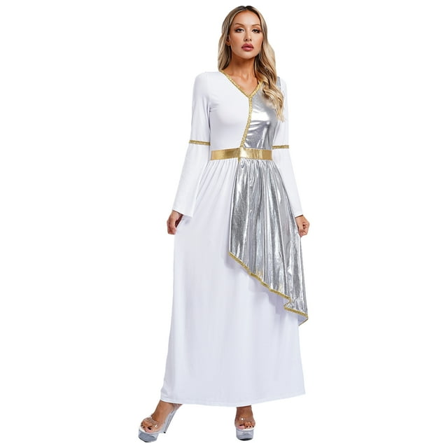 iefiel Costume Grec pour Femmes Robe Classique Toge Ajustée Robe de Princesse Romaine Costumes d'Halloween Argent m