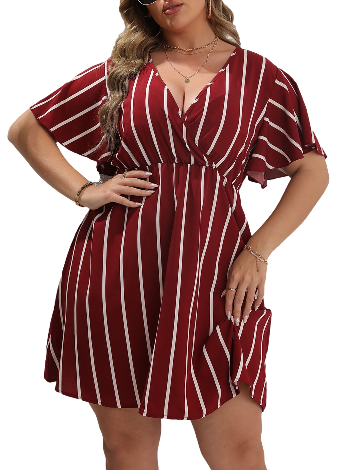 Lumento Women Striped Mini Dresses Plus Size Beach Dresses V Neck Short ...