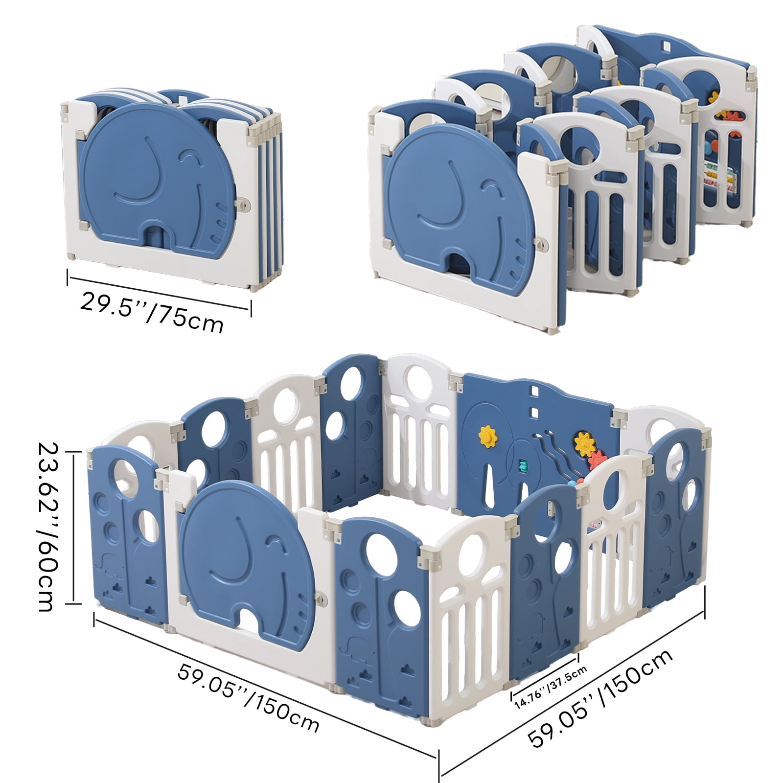 Kids and Toddlers' Playpen,Kids Activity Center Safety Play Yard for Indoor&Outdoor,Portable,Plastic,Dark blue&White,14 Panels