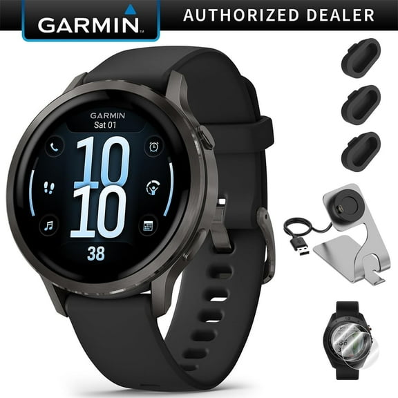 Garmin Venu 4 (41mm) GPS Smartwatch Slate with Black Silicone Band Bundle w/ Deco Essentials Charging Dock, 3-Pack Dust Covers & 2-Pack 1.2" Screen Protectors