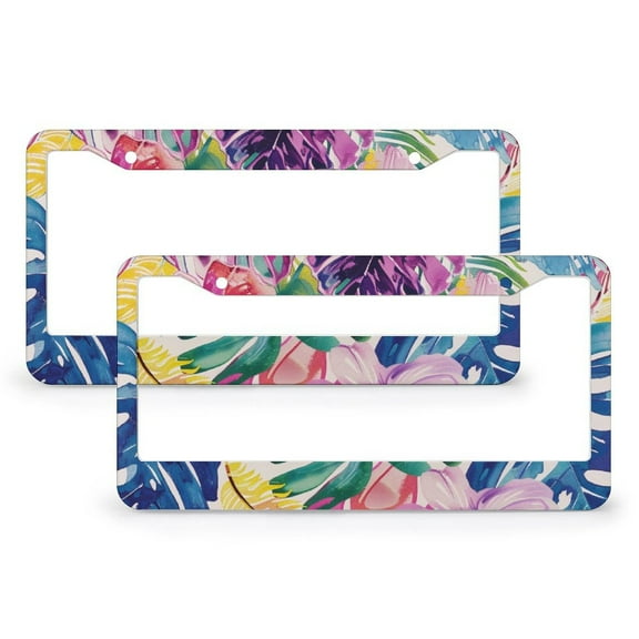 Hawaiian Tropical Leaves And Flowers License Plate Cover 2 Pack Monstera Palm Leaf Flower Standard Car Tag Cover Holder for Women 2 Holes Stainless Aluminum License Plate Frames