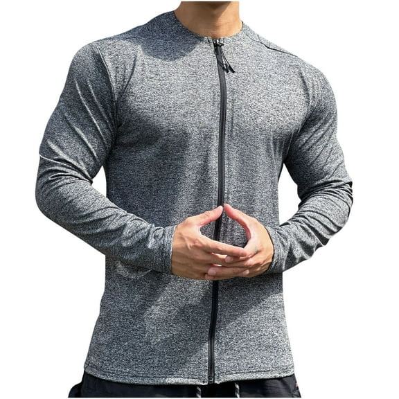 YUGYXL Mens Full Zip Shirts Dry Fit Lightweight Long Sleeve Workout Fishing Shirt for Athletic Running Golf Hiking Gray M