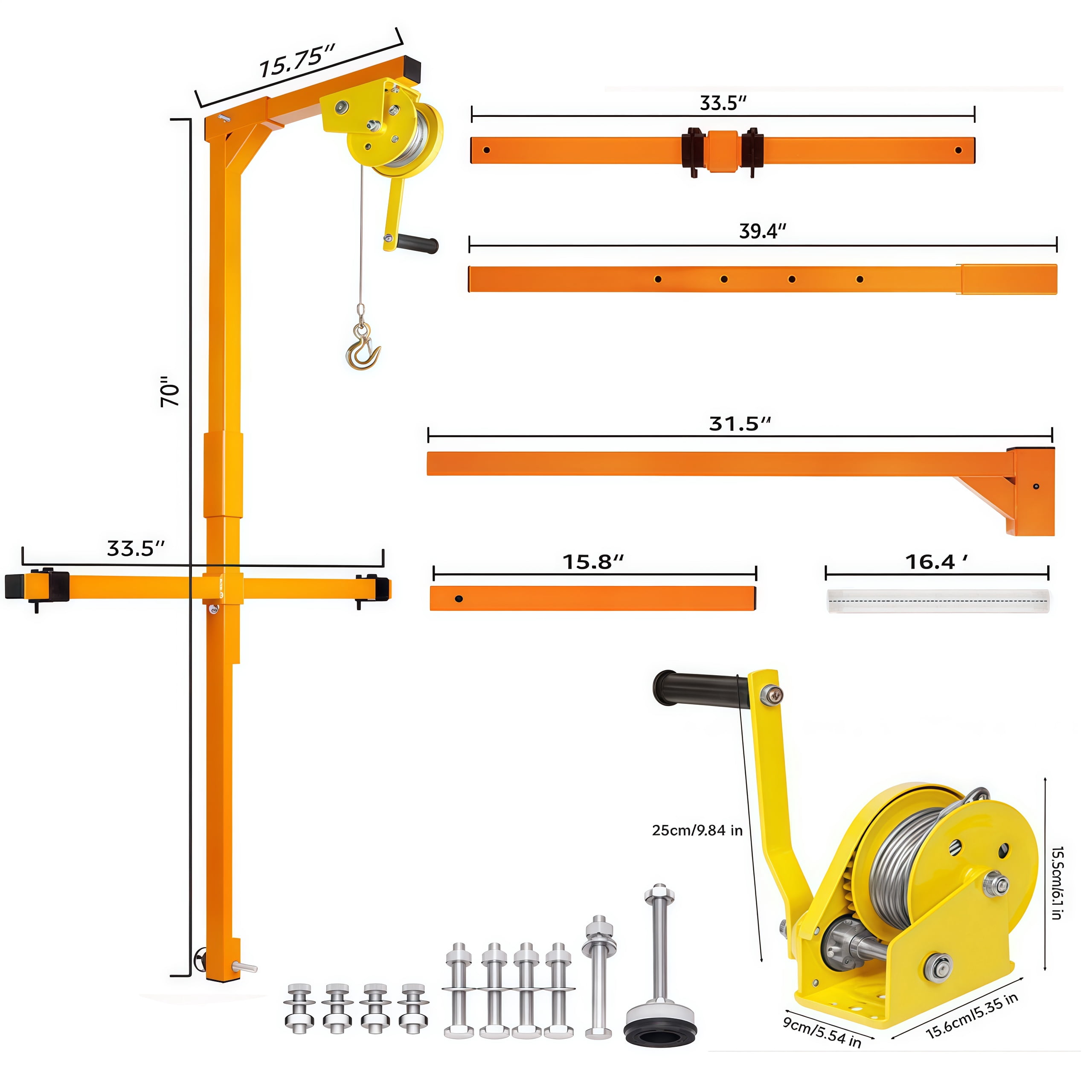 500 LBS Air Conditioner Lifting Crane with Adjustable Height, Air Conditioner Lifting Tool 1500 LBS Winch Load Capacity, Orange Crane Bracket, Designed for Installing Outdoor Air Conditioners