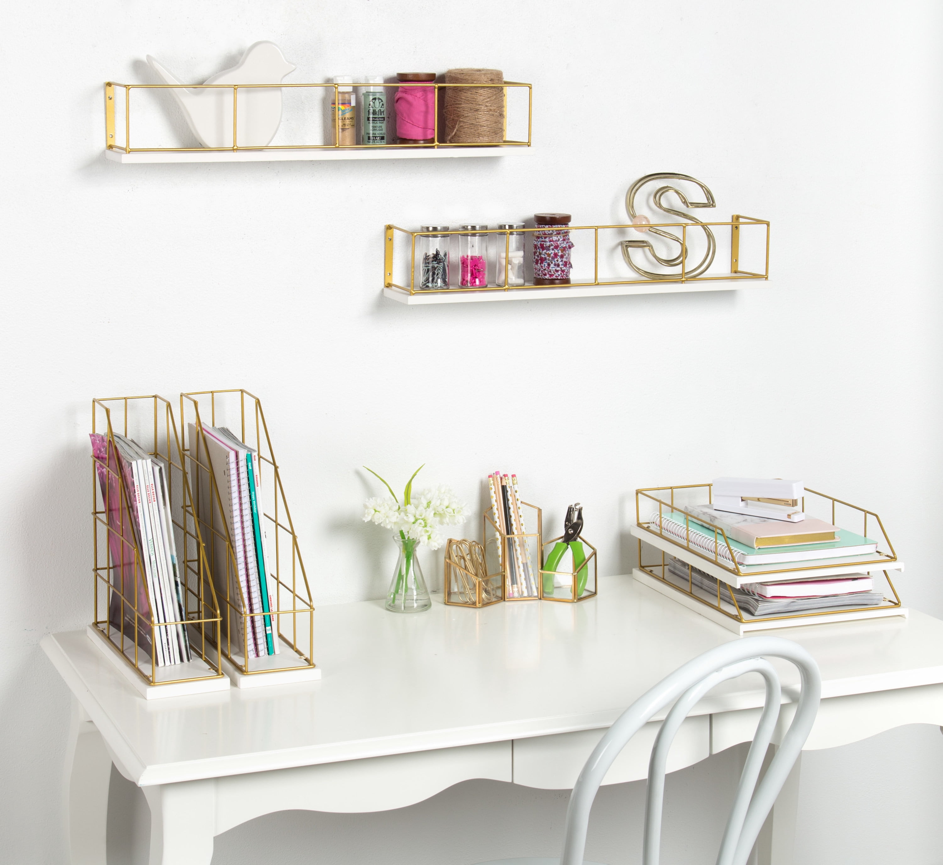 Kate and Laurel Benbrook Stacked Metal and Wood Letter Trays, White and Gold