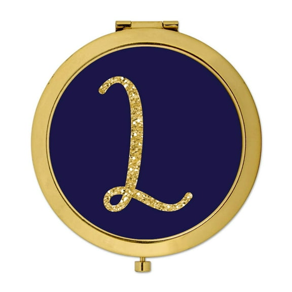 Koyal Wholesale Gold Compact Mirror Bridesmaid's Wedding Gift, Navy Blue | Faux Gold Glitter, Monogram Letter L, 1-Pack