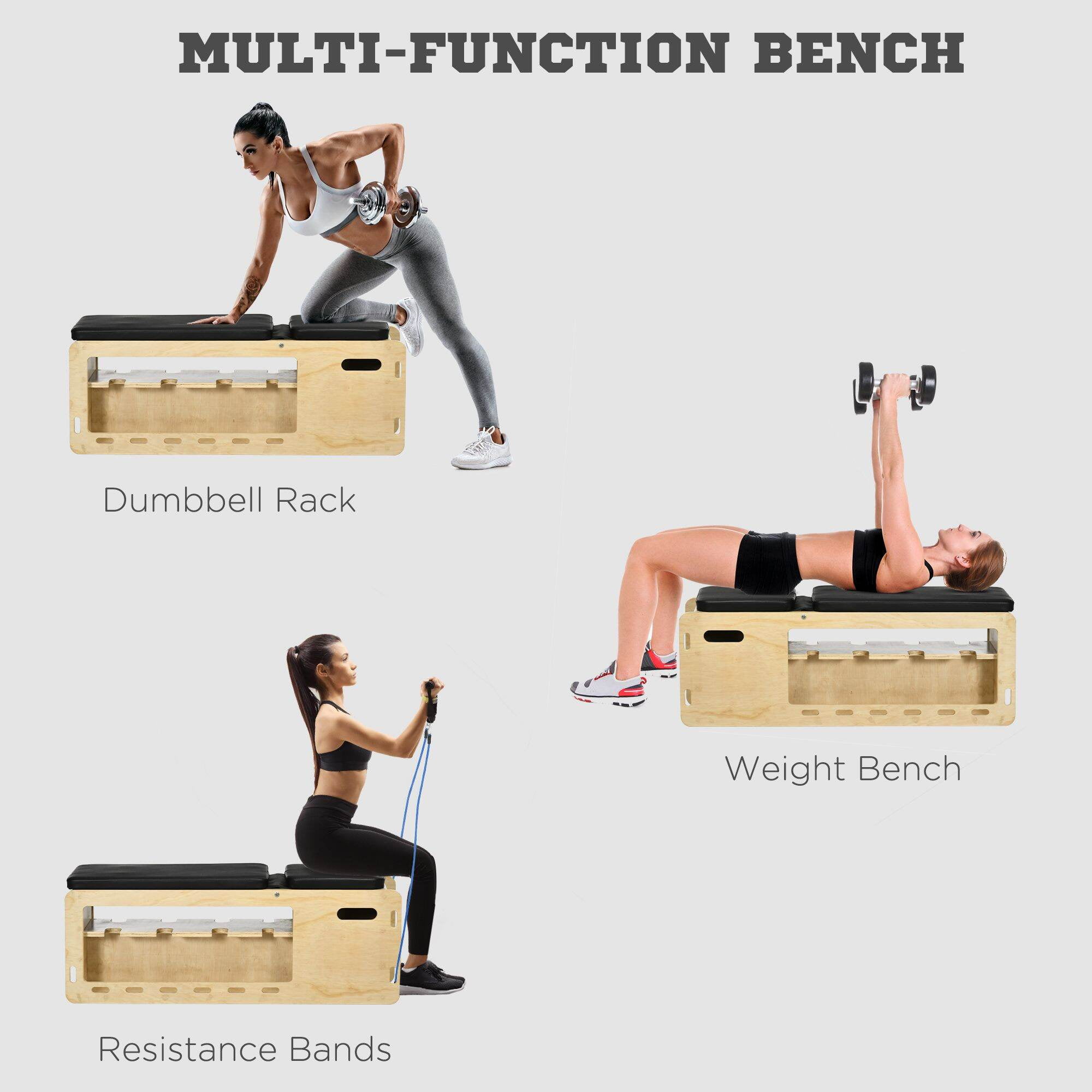 Adjustable Weight Bench with Storage Rack & Resistance Bands, Home Gym Workout Bench 43.3"L x 13.8"W x 42.3"H