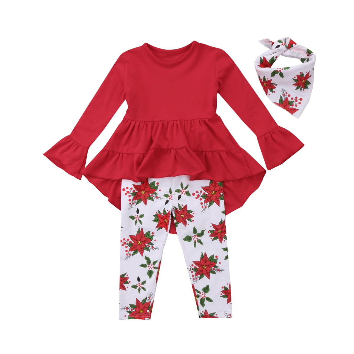 Toddler Girl Clothes Ruffles Irregular Mini Dress Tops+Long Pant Scarf 3PCS Clothing Set 