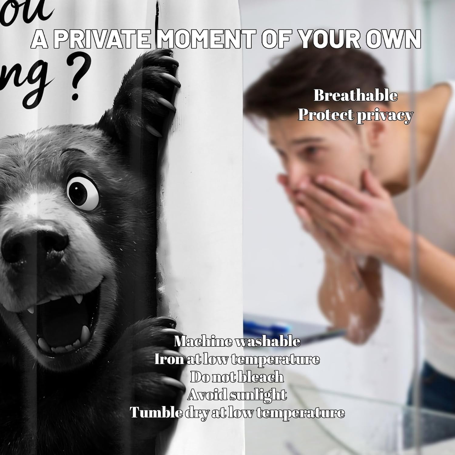 Funny Black Bear Shower Curtain Novelty Animal Safari Wildlife Shower Curtains for Kids Bathroom Decor Sets, Waterproof Cloth Fabric with Hooks, 70x72 Inch