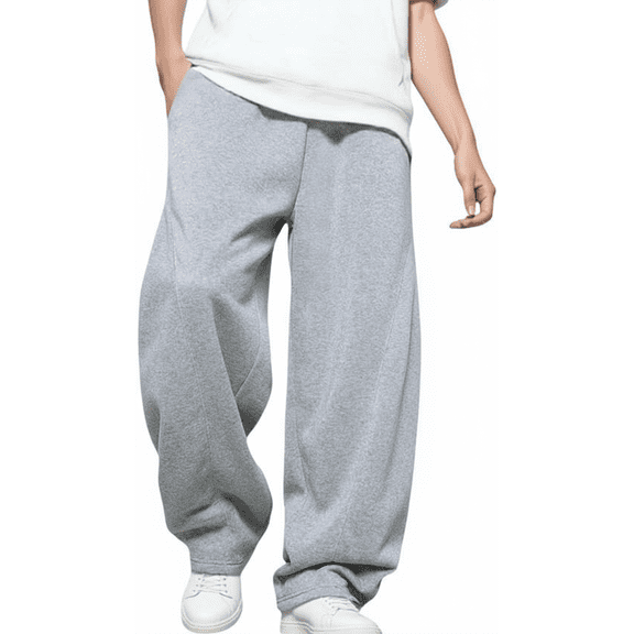 Olaglory Mens Baggy Sweatpants Fleece Lined Elastic Drawstring Waist, Comfy Breathable Wide Leg Casual Loose Cotton Joggers with Deep Pockets, Grey
