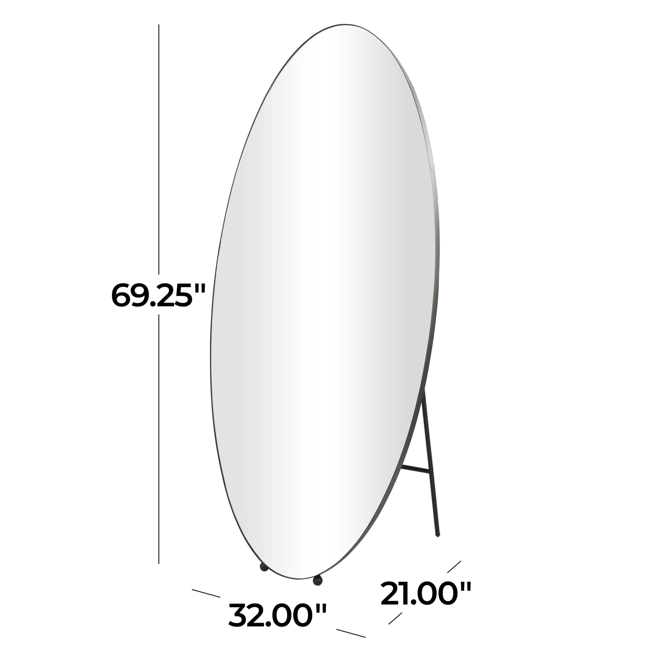 DecMode 32" x 69" Silver Metal Oval Freestanding Floor Mirror with Ball Feet