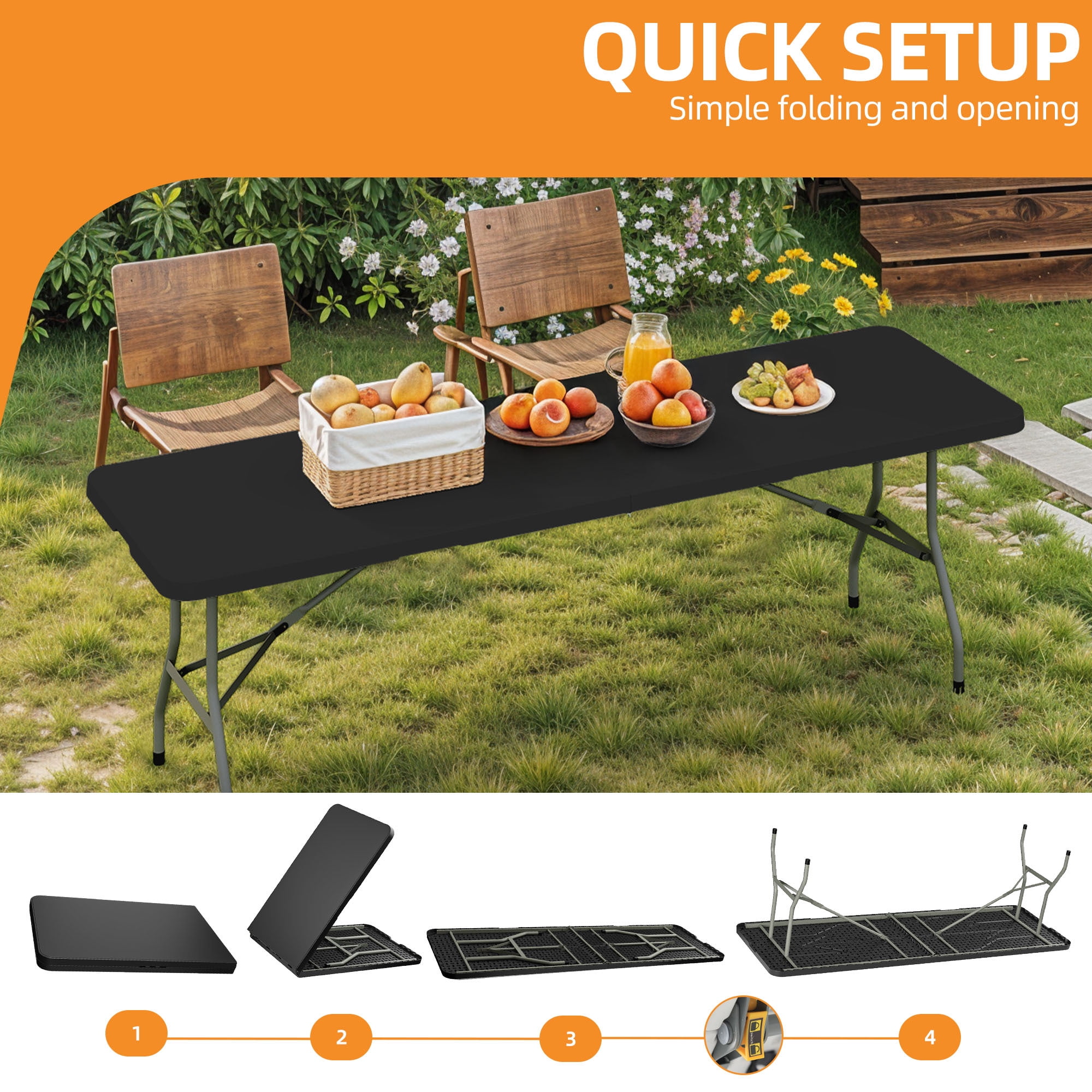 Uforic 8ft Outdoor Folding Picnic Table, HDPP Resin Top with Gray Powder-Coated Steel Legs, Black