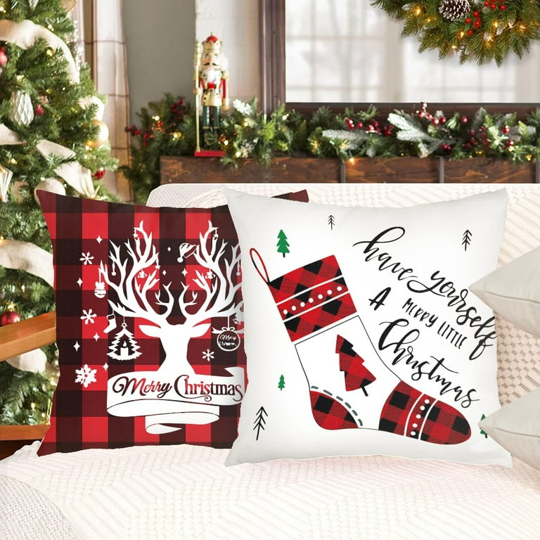 The Holiday Aisle® Christmas Pillow Covers 12X20 Set Of 4 For Christmas  Decorations Santa Claus Christmas Tree Reindeer Pink Bow Polka Dots Stripes Christmas  Pillows Throw Pillow Covers Christmas Farmhouse Decor